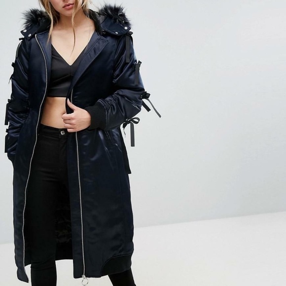 Lost Ink Gorpcore Satin Faux Fur Parka Coat Size Small NWT - Picture 1 of 12